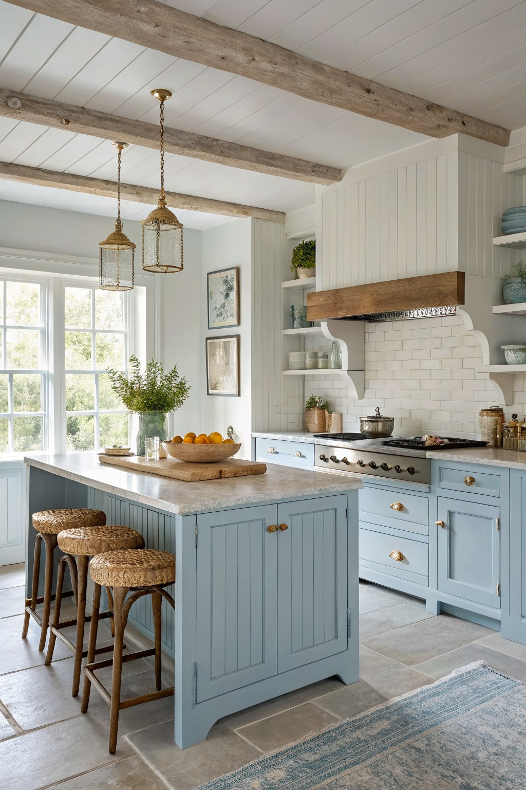 Kitchen with soft blue gray cabinets on the island and perimeter.
