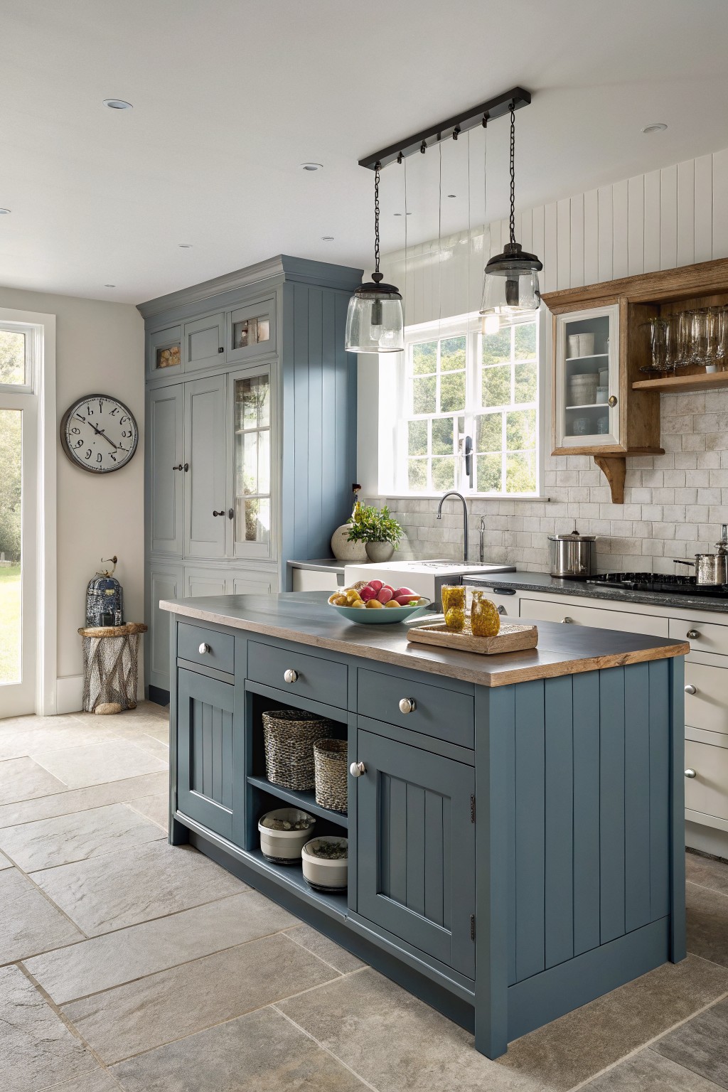 A kitchen with an island and cabinets painted in soft blue gray.