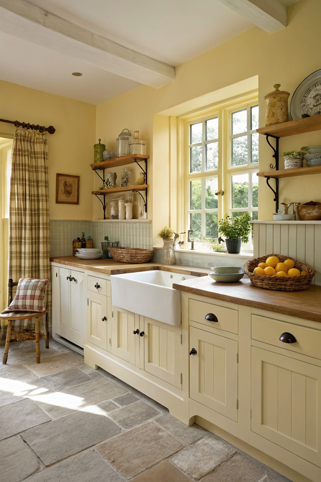 A kitchen with soft yellow painted cabinets and walls.