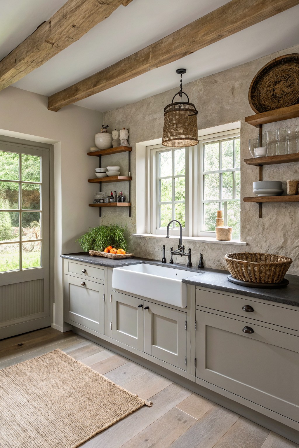 Soft greige cabinets in a kitchen with wood floating shelves and a farmhouse sink.