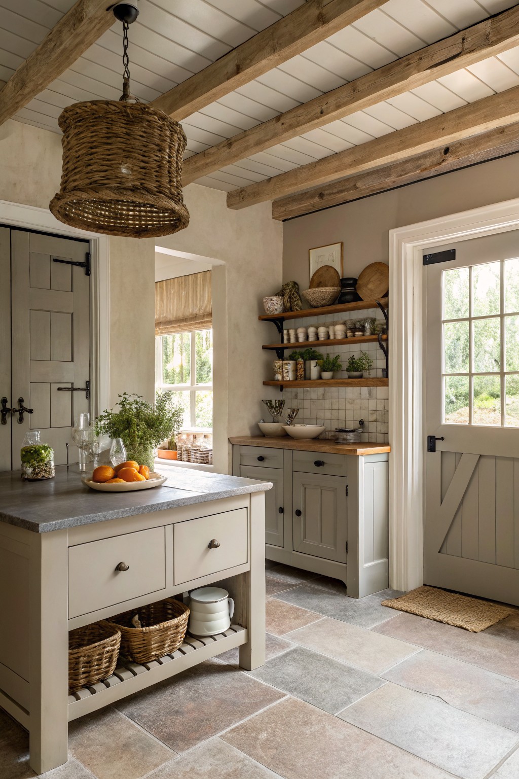 Kitchen cabinets painted in a soft greige with wood floating shelves and a stone island.
