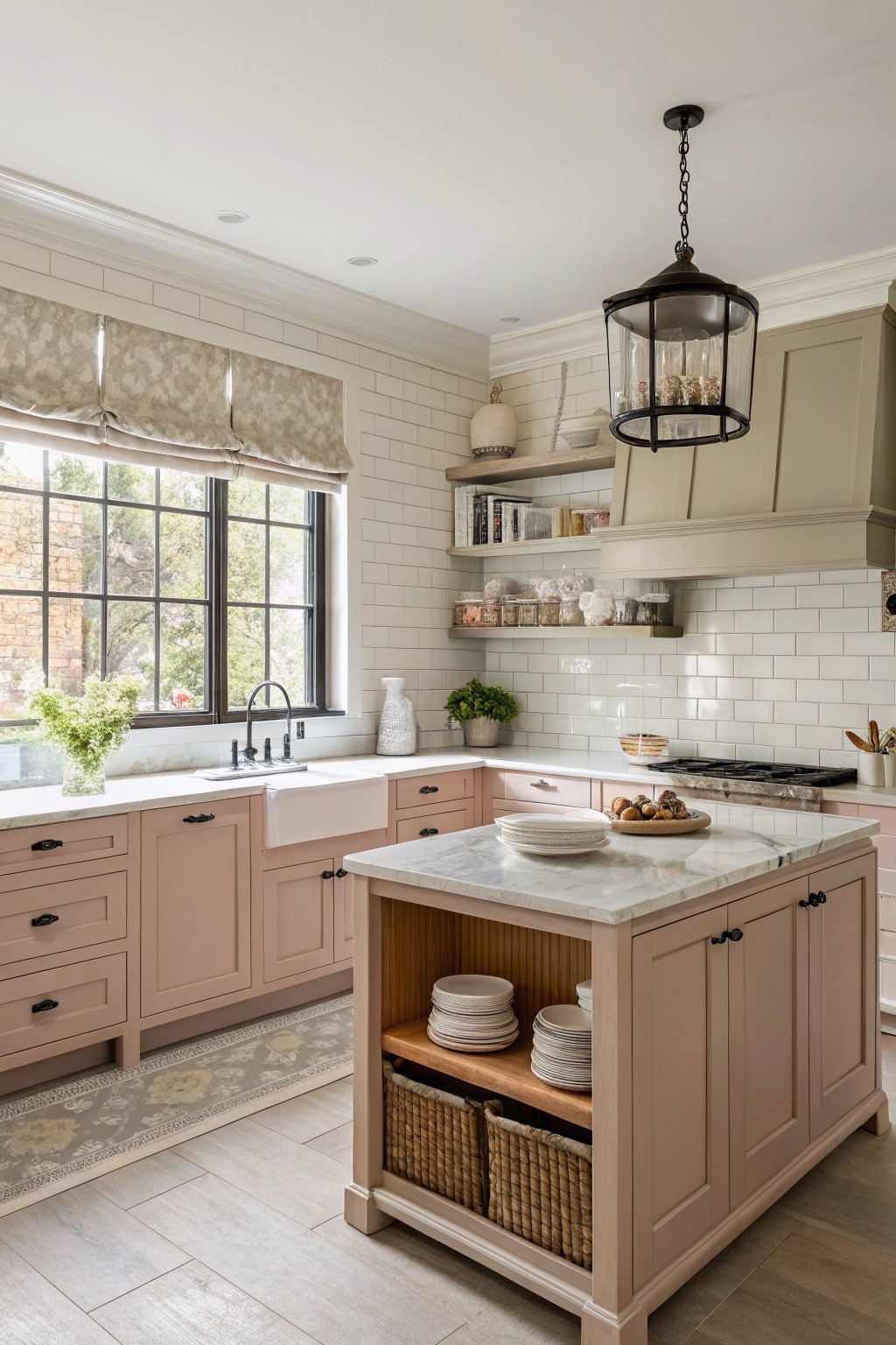 Kitchen with soft greige cabinets and a marble island.