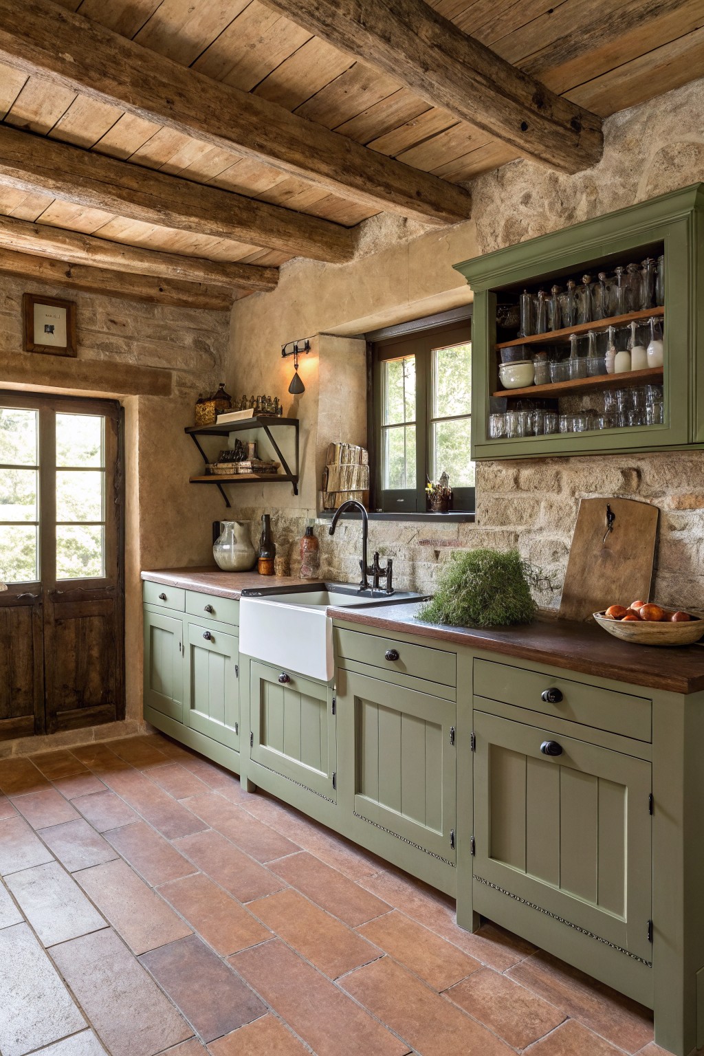 Green kitchen cabinets in a rustic space with wood beams overhead.