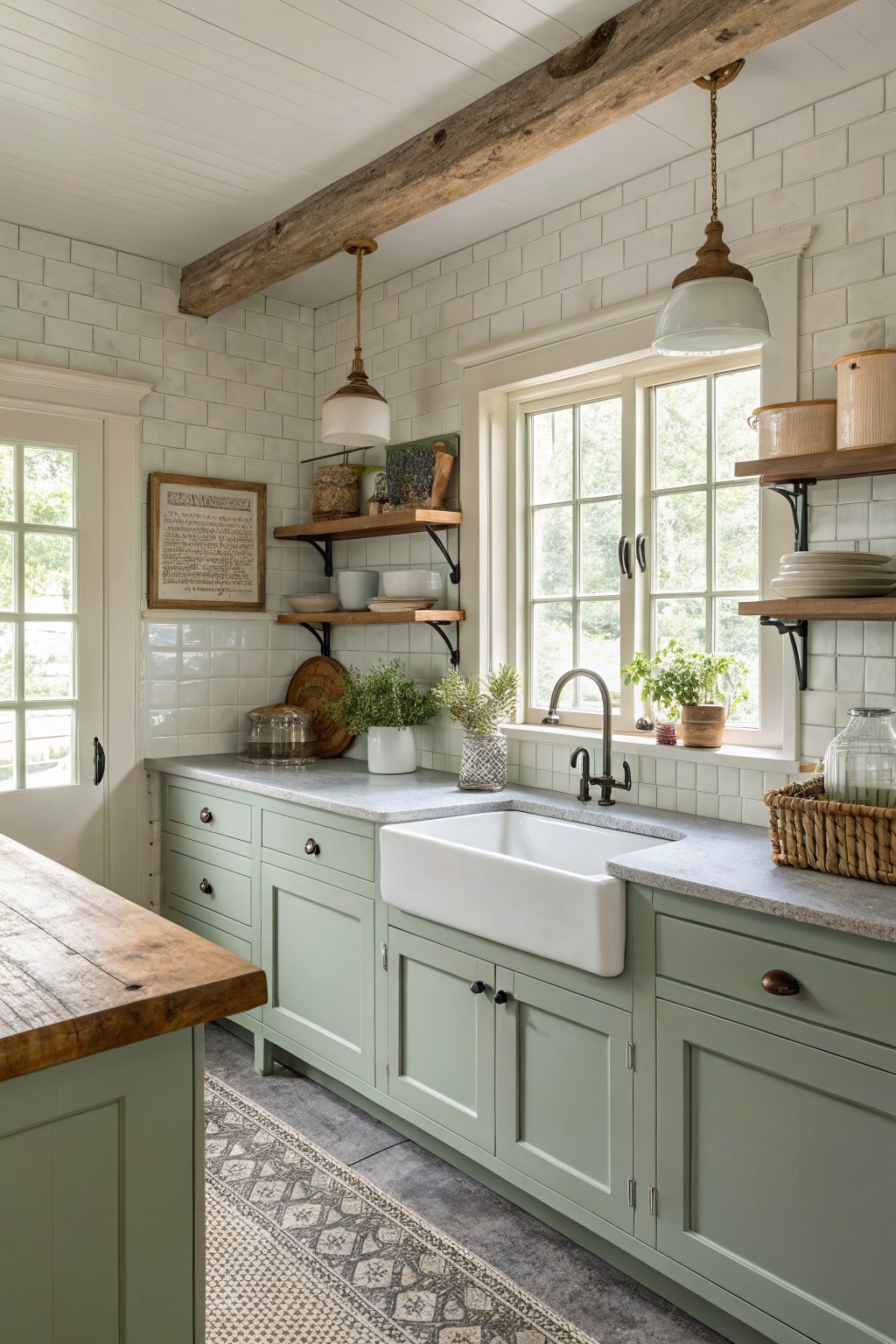 Sage green kitchen cabinets with a white farmhouse sink and wood open shelves.