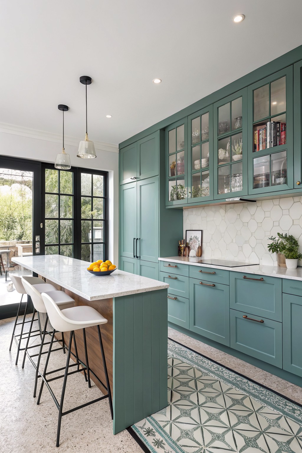 Kitchen with soft teal cabinets and a white marble island.
