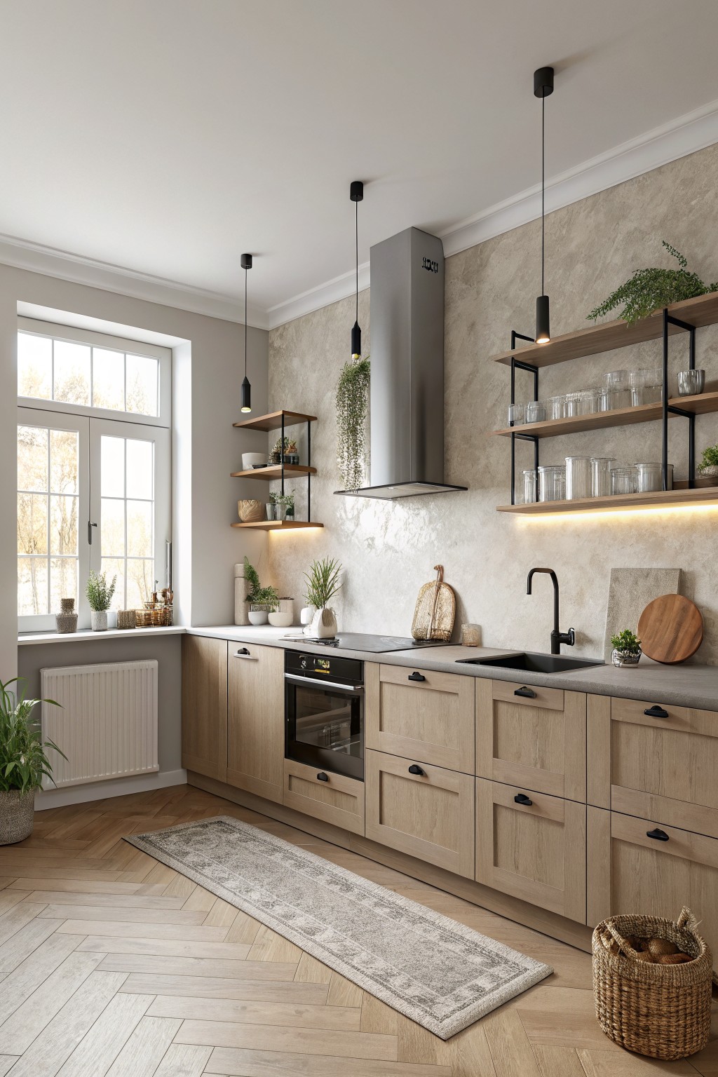 Kitchen walls painted in a soft warm greige with light wood cabinets.