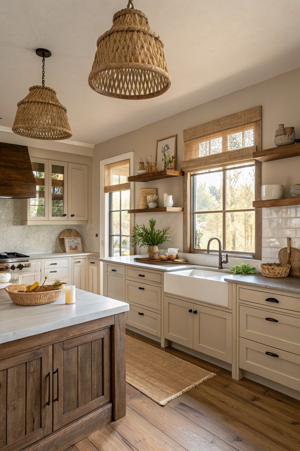 Kitchen with warm off-white cabinets and a farmhouse sink.