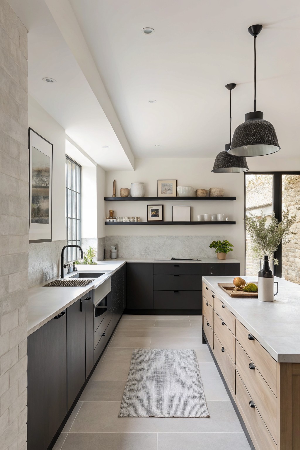 Warm off-white walls in a modern kitchen with dark cabinets and a wood island.