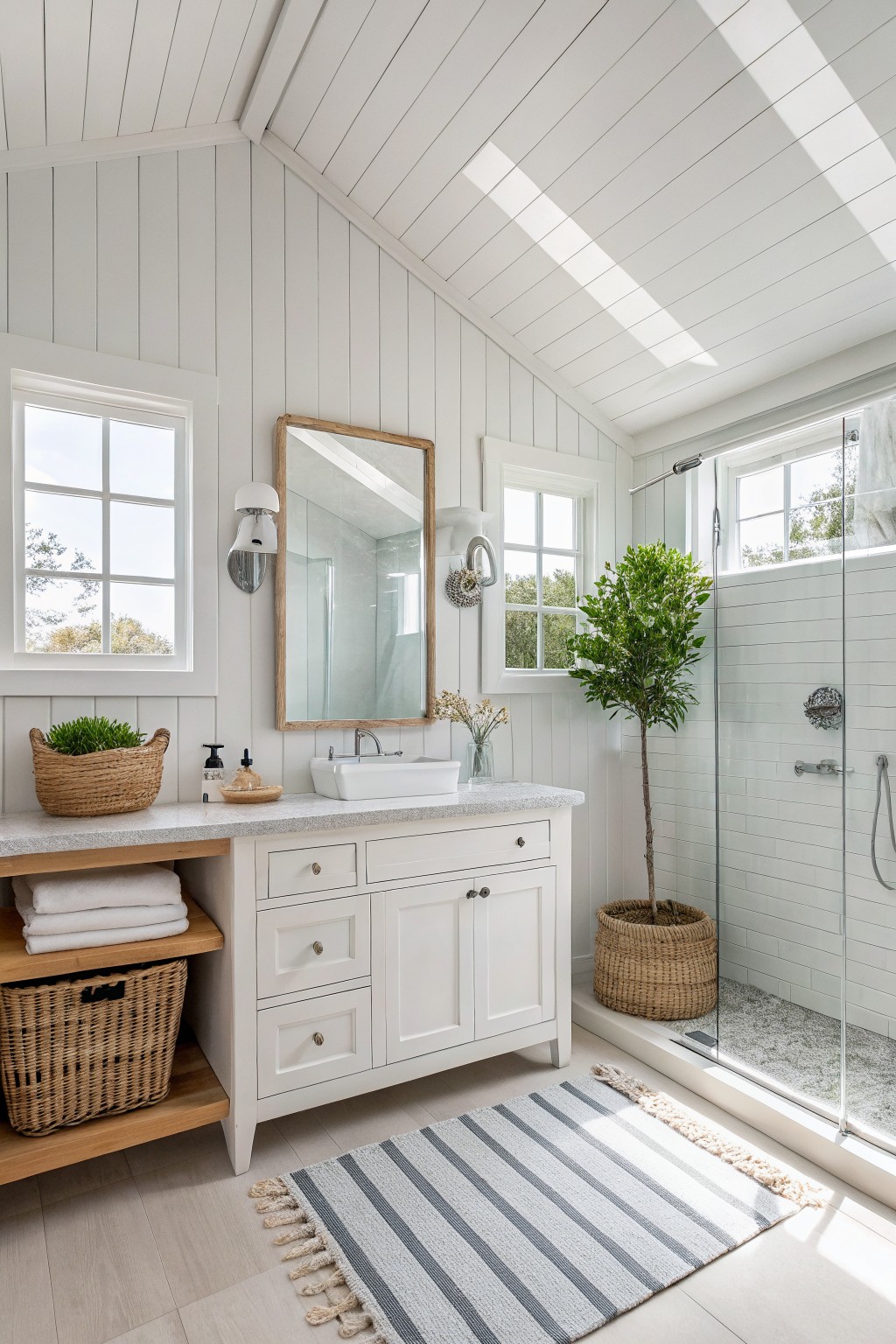 White bathroom with wooden vanity, vessel sink, mirror, glass shower, and striped rug.