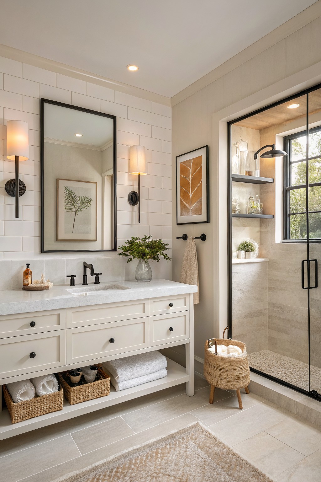 Warm creamy white walls in a modern bathroom with white subway tile.