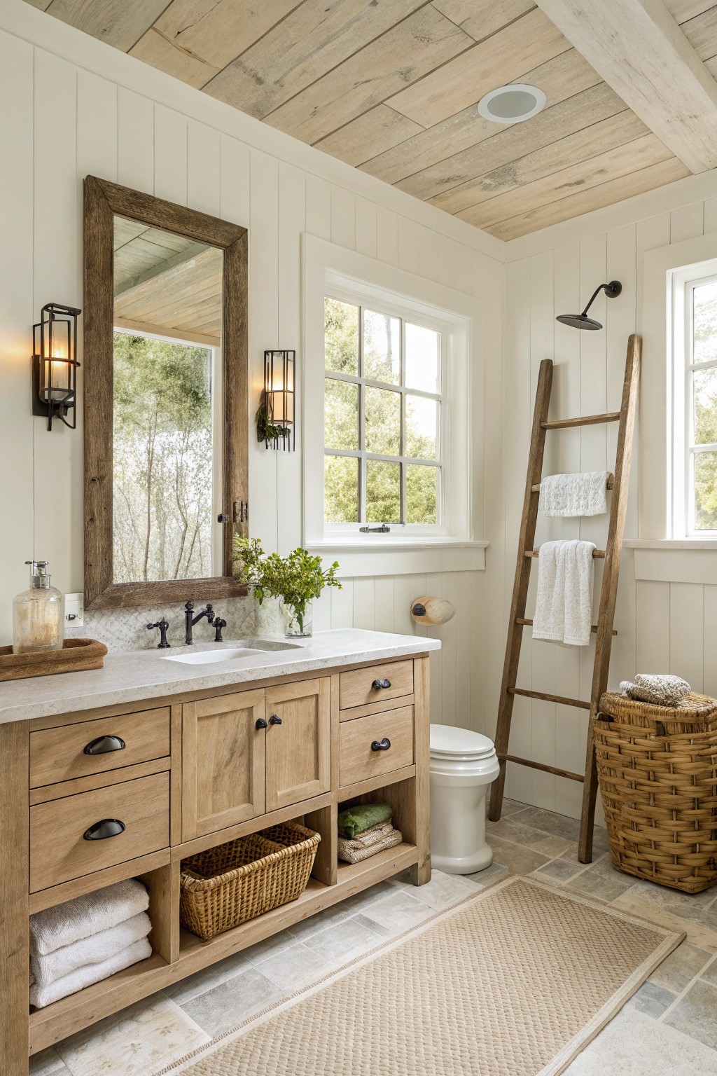 A bathroom with creamy white walls and natural wood cabinetry.