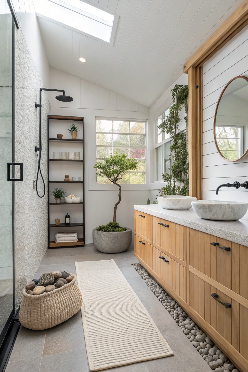 A bathroom with bright white walls and natural wood cabinetry.