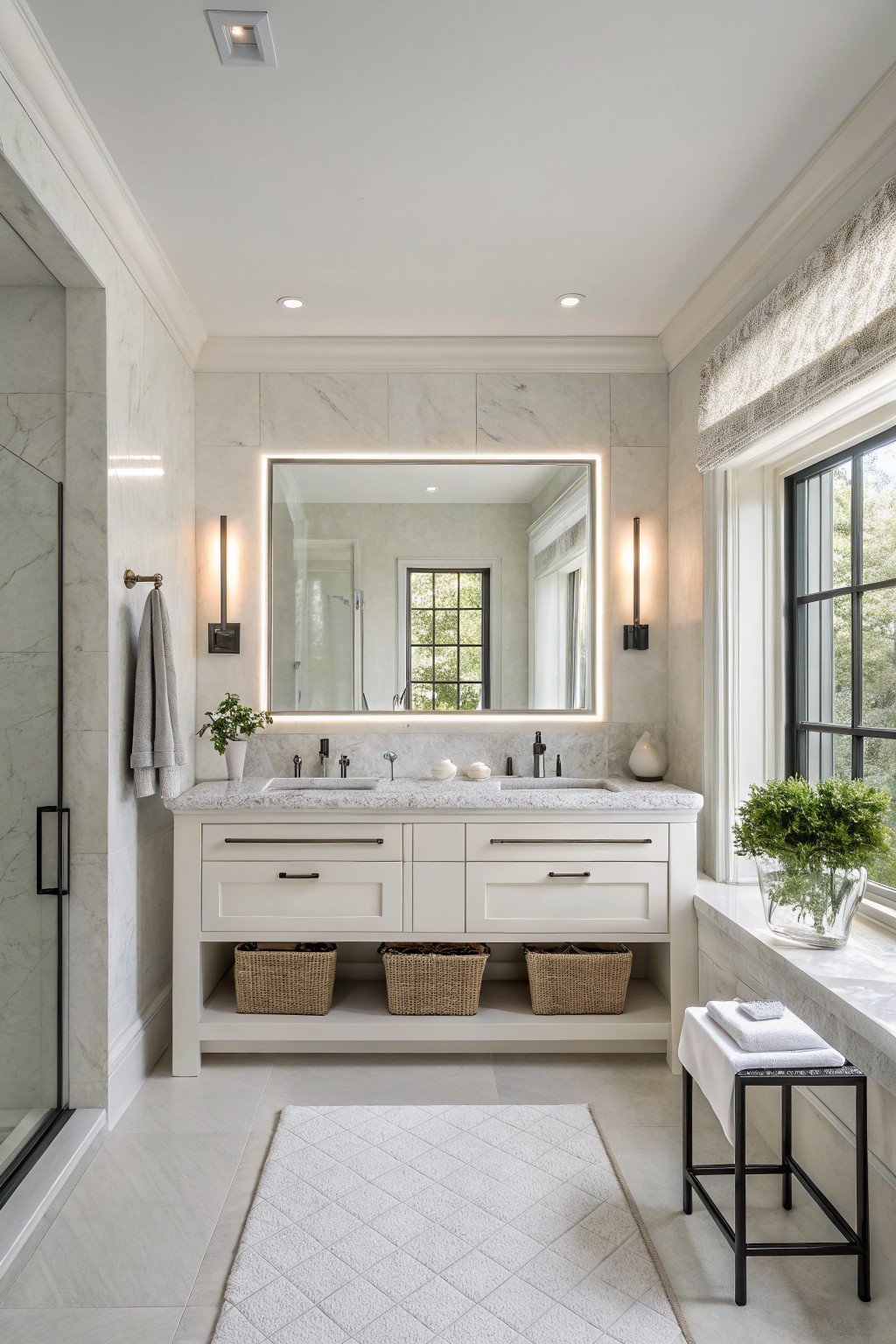 White painted vanity and marble walls in a bright bathroom.