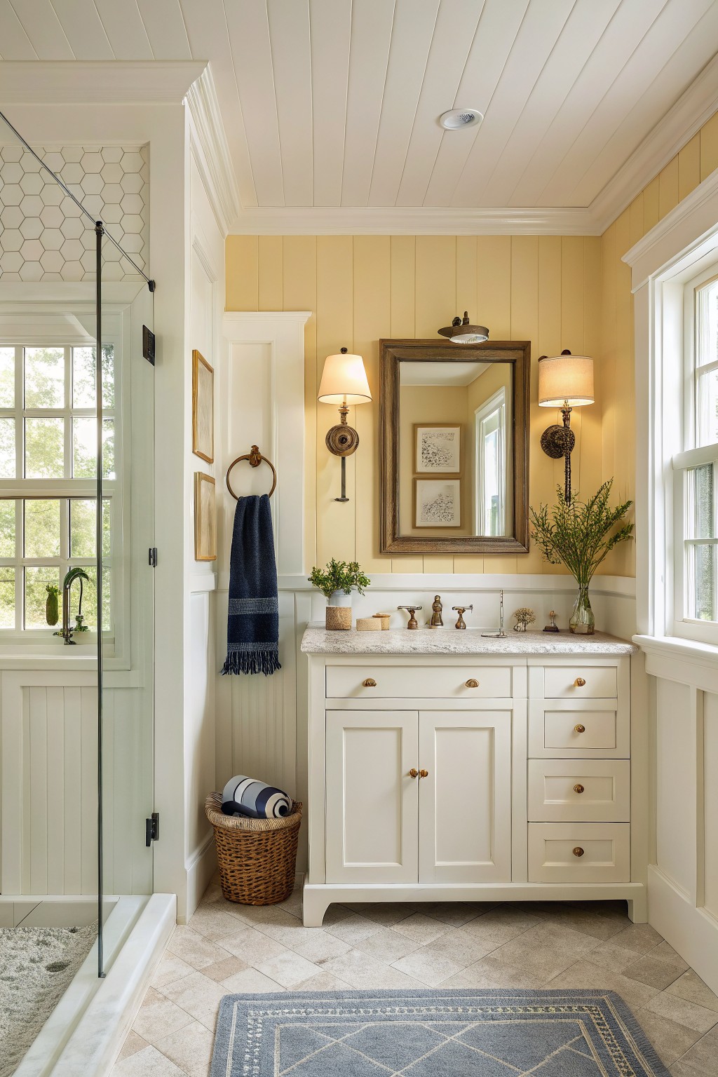 White vanity and trim painted in a crisp white finish against pale yellow bathroom walls.