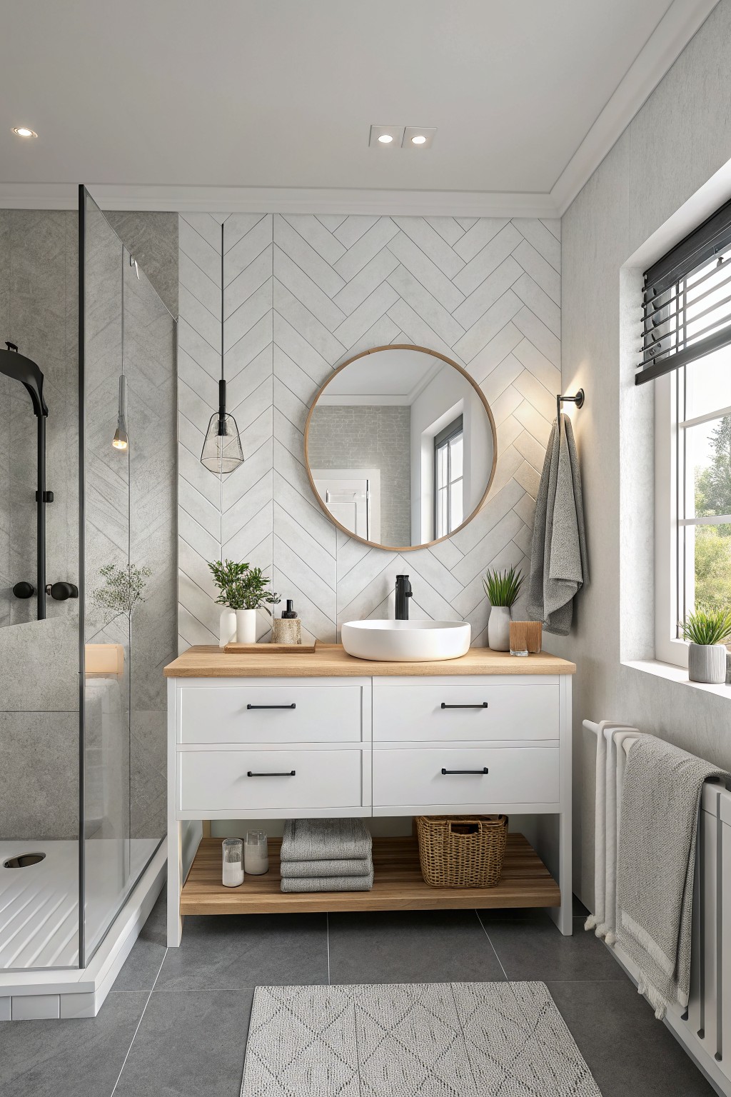 White walls and vanity in a modern bathroom with gray herringbone tile.
