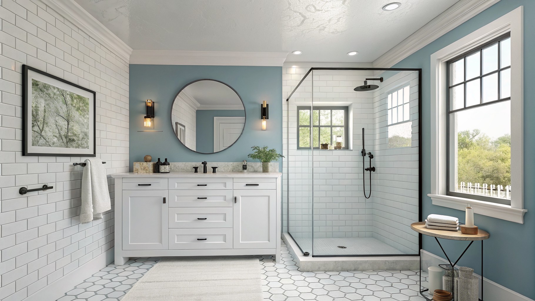 A bathroom featuring soft teal blue walls with white vanity and marble countertop.