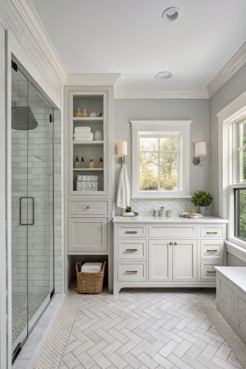 Light gray walls in a bathroom with white cabinets and trim.