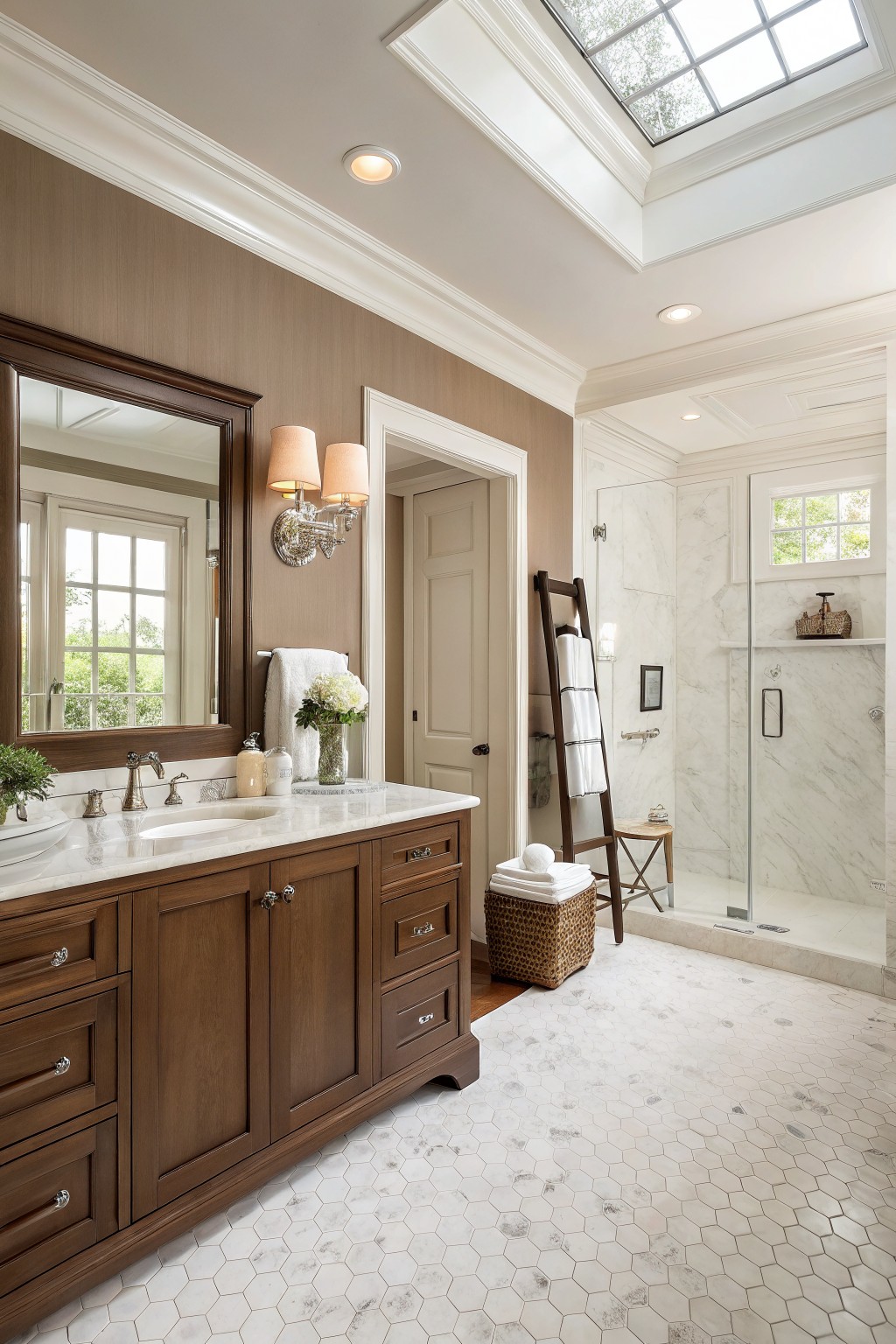 Bathroom with soft greige walls, white trim, and a dark wood vanity.