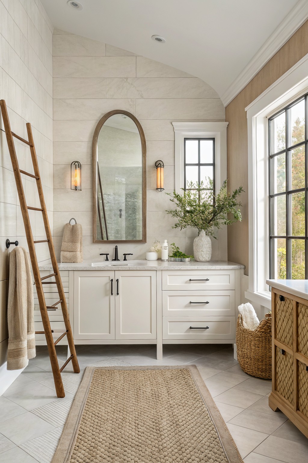 A bathroom with soft warm white walls and white cabinetry.