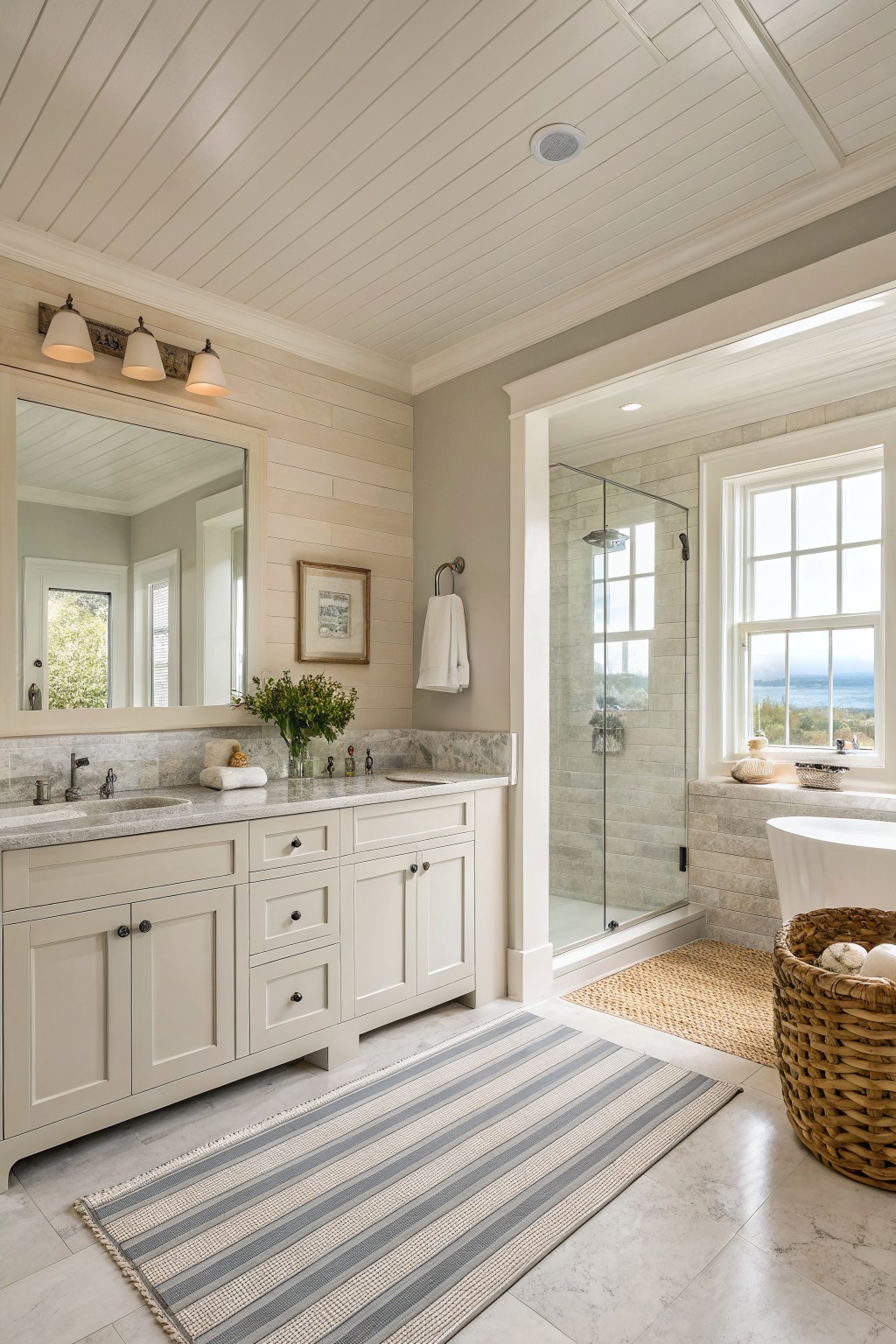 Bathroom vanity painted in a soft warm white with marble top and light gray walls.