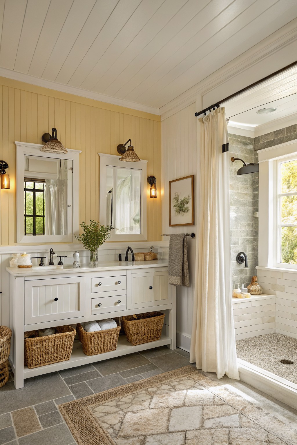 A bathroom with pale yellow walls, white vanity, and tiled shower area.