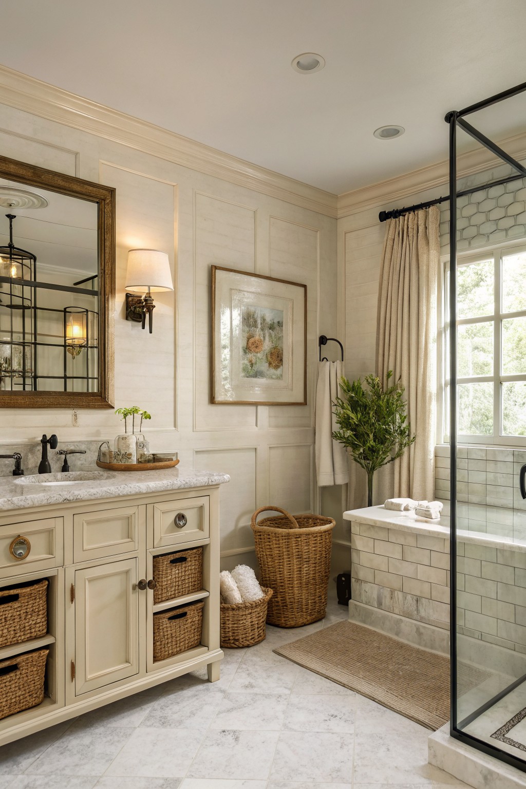 Warm creamy white paneled walls in a bathroom with marble surfaces.