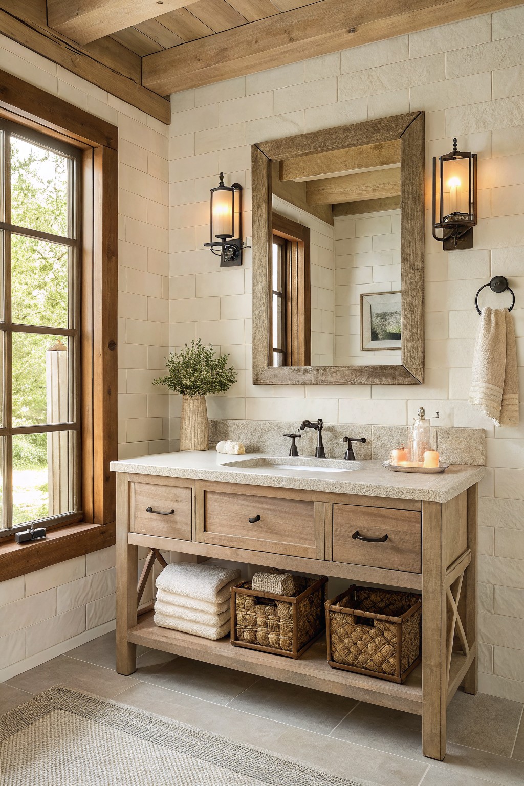 Rustic wooden vanity with stone countertop, sink, mirror, and woven baskets below