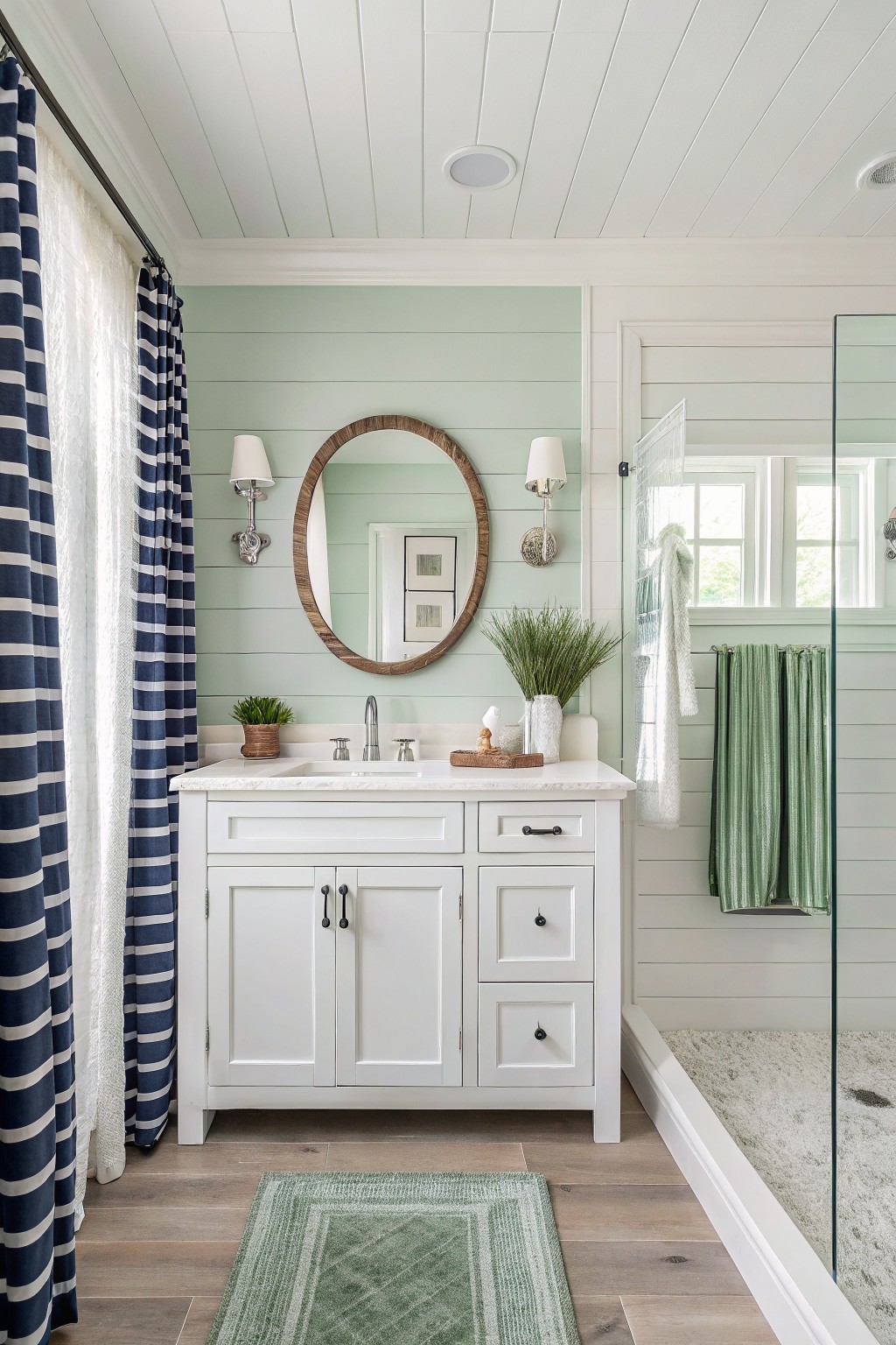 White bathroom vanity painted in a clean finish against light green walls.