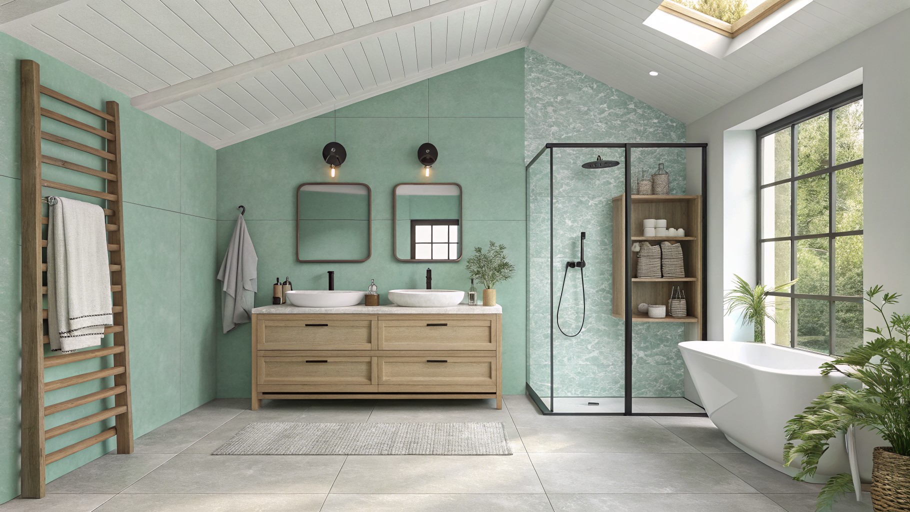 Bathroom walls painted in a soft sage green with a wood vanity and white vessel sinks.