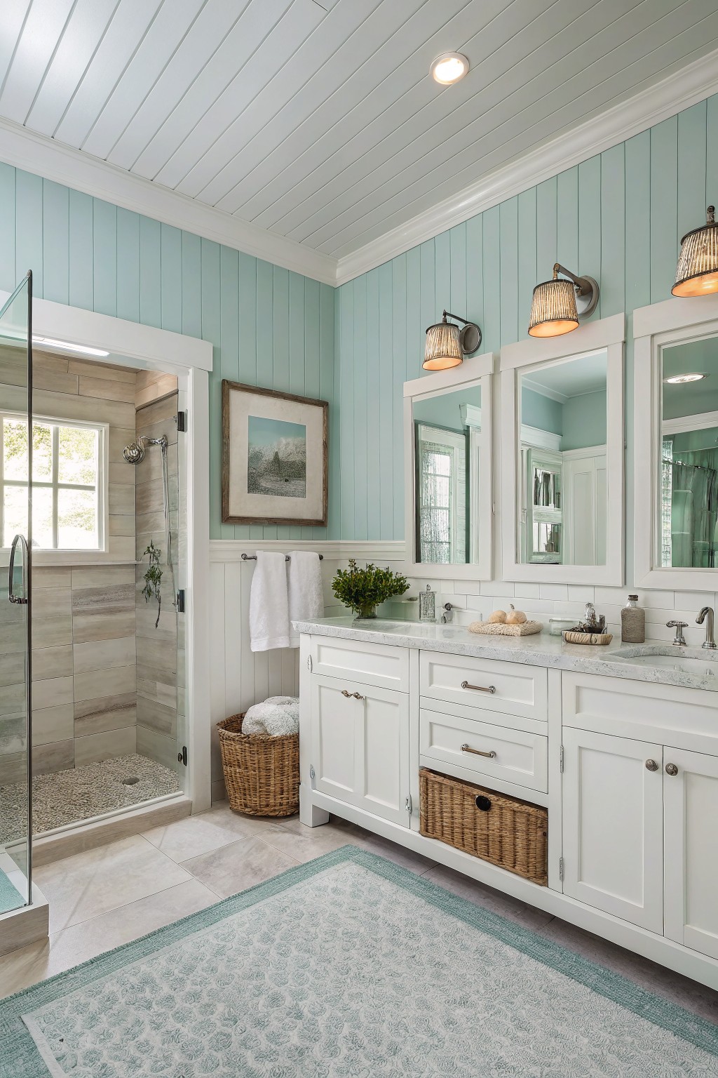 Bathroom walls painted a soft aqua above white wainscoting and vanity.