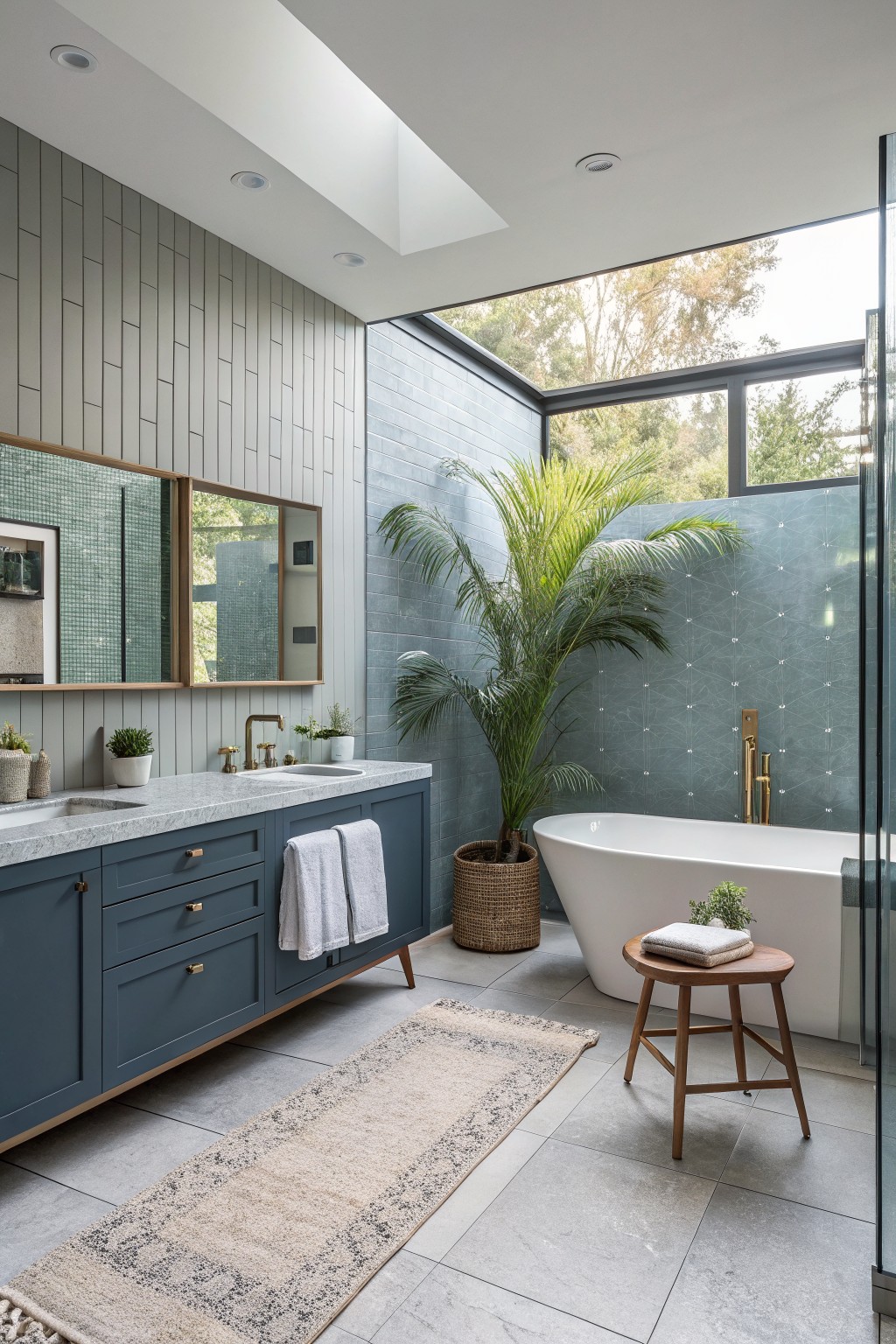 A bathroom featuring soft blue gray walls with a freestanding tub and dark blue vanity.