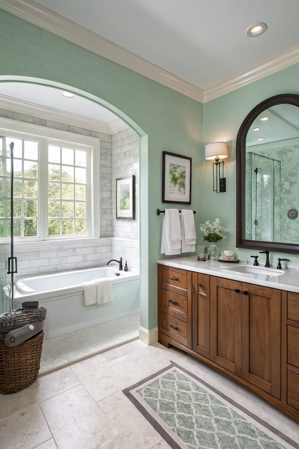 Light green painted walls in a bathroom with a white tub and wood vanity.