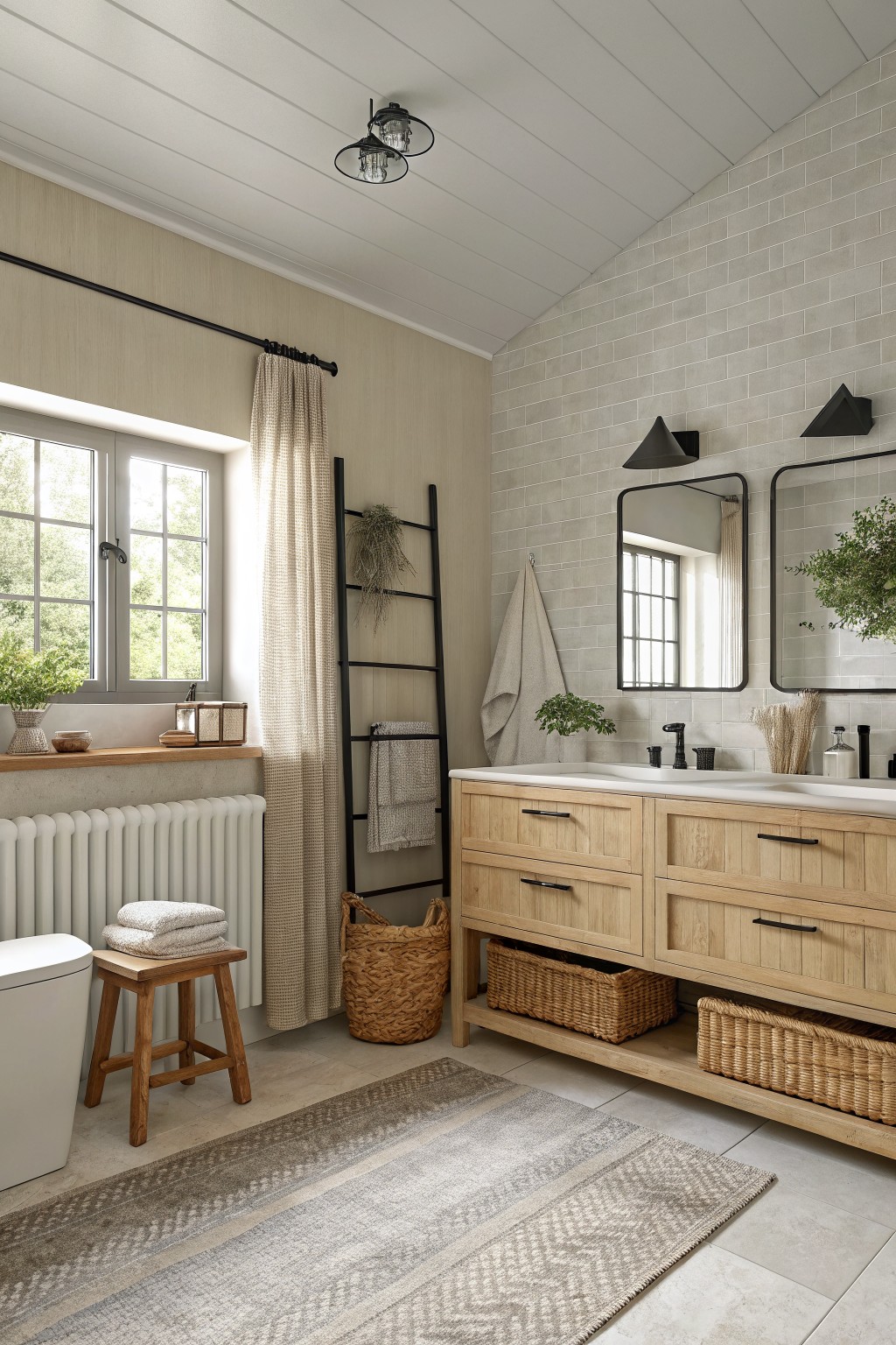 Bathroom walls painted in a soft greige color beside a light wood vanity.