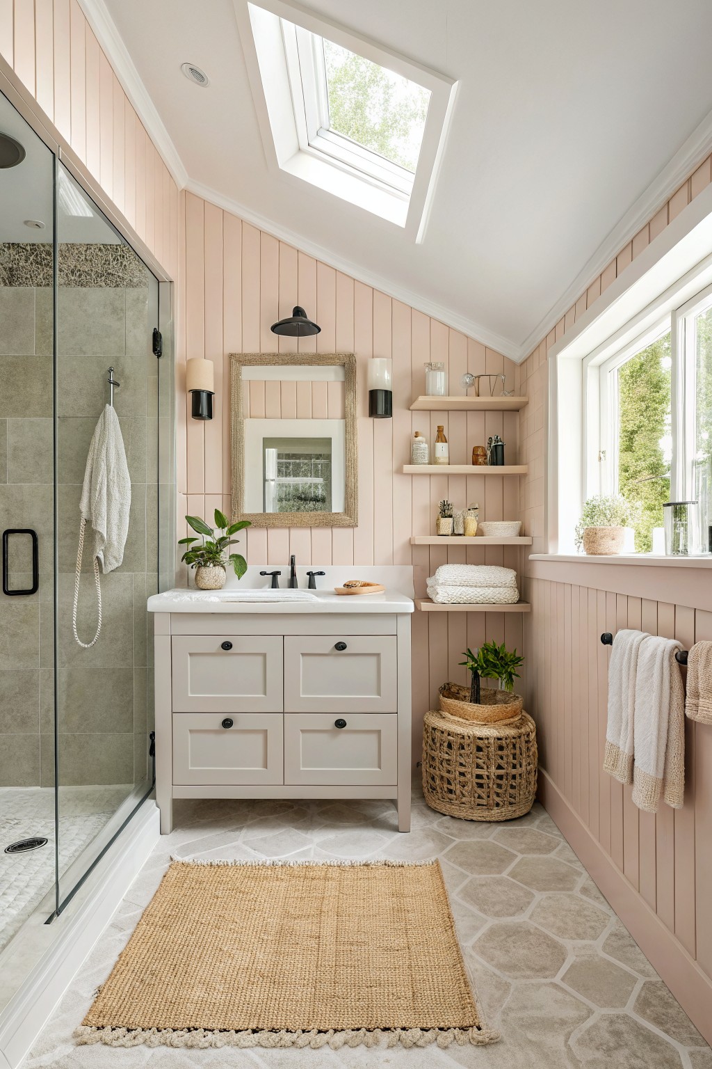 Bathroom with soft blush pink walls and white vanity under a skylight.