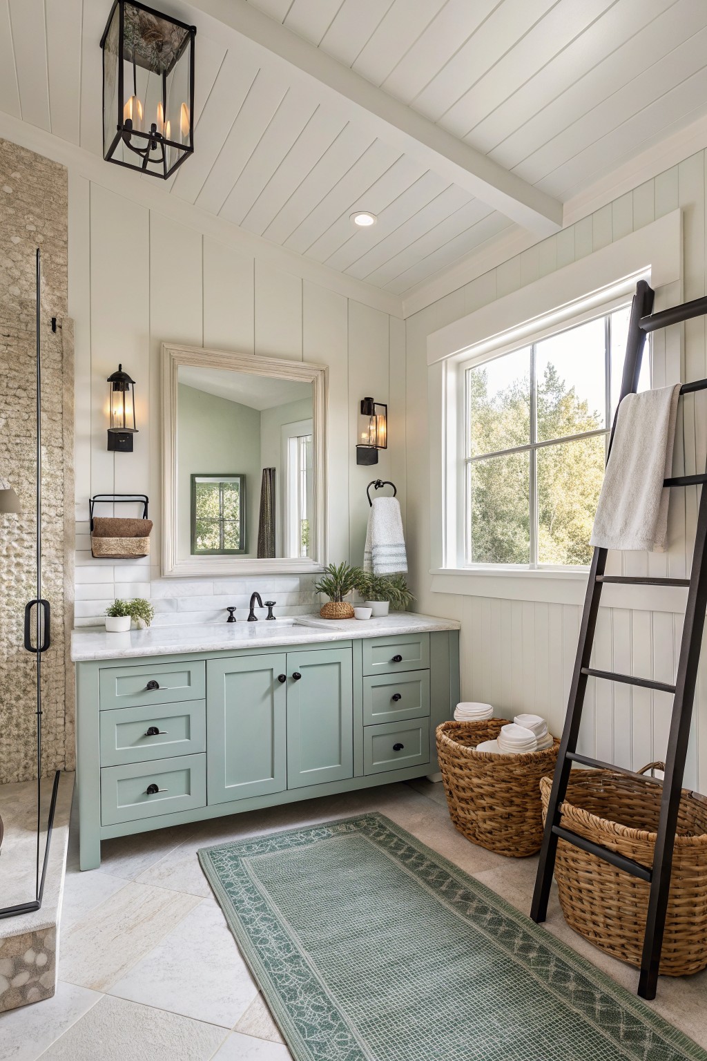 Light green vanity with marble top, black ladder, and woven baskets in bright bathroom