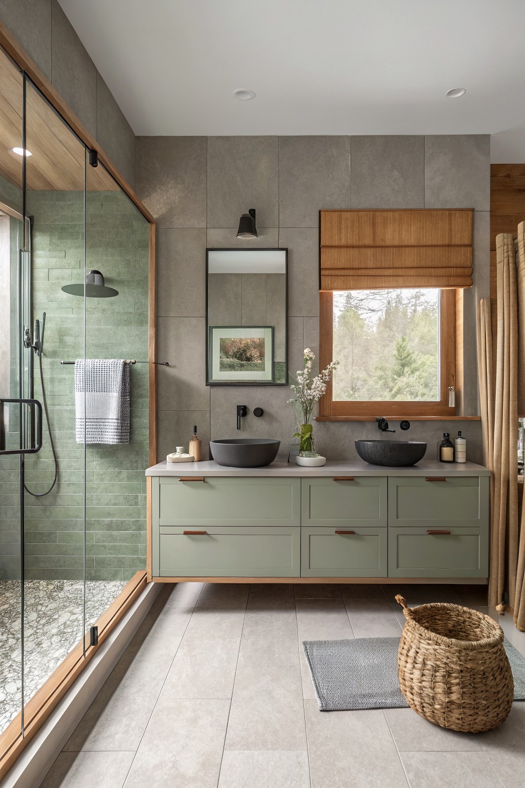 A bathroom vanity finished in soft sage green with a light countertop and black vessel sinks.