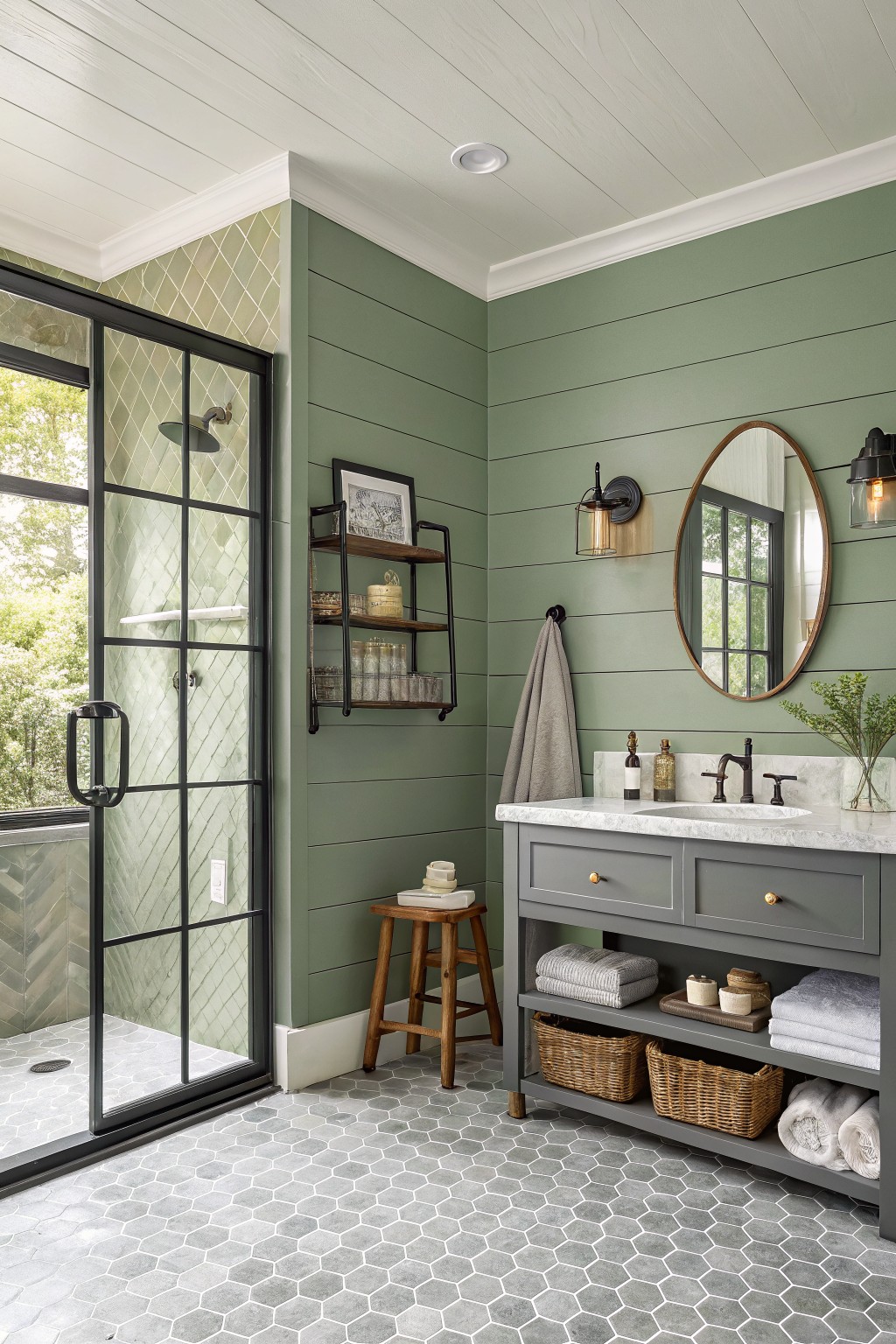 A bathroom featuring soft sage green walls with gray vanity and white marble countertop.