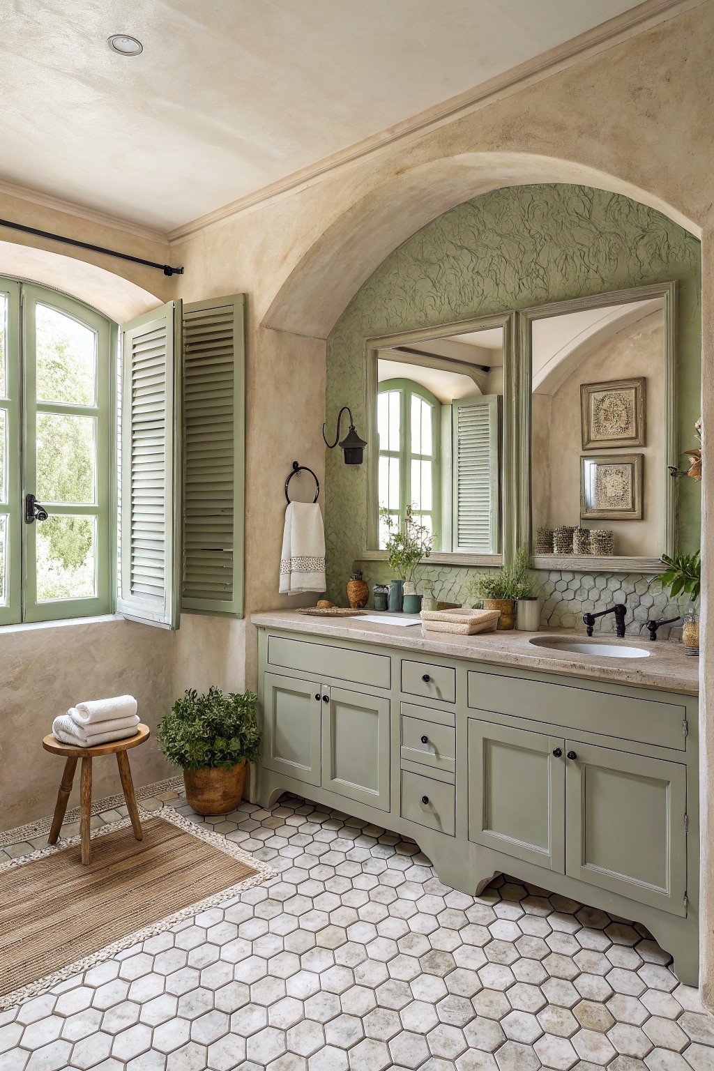 Rustic bathroom with sage green vanity, arched shuttered windows, and hexagonal tile floor
