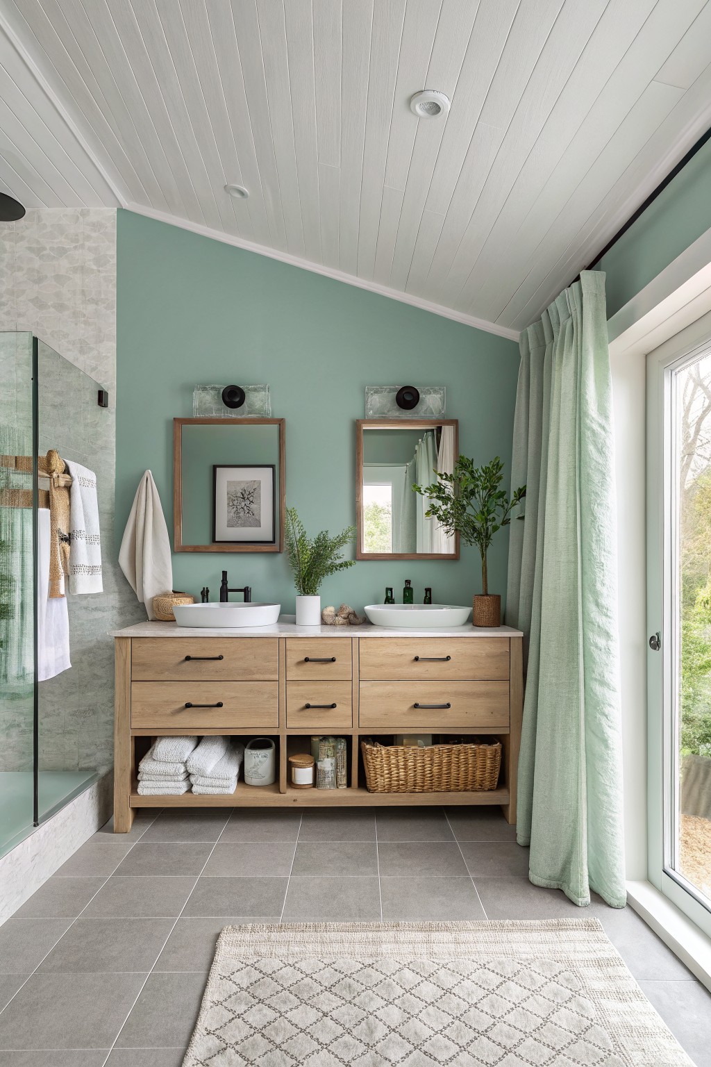 Bathroom walls painted in a soft sage green with a wood vanity and white vessel sinks.