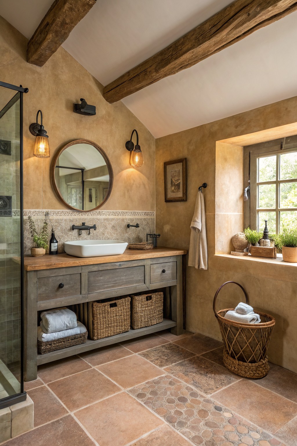 A bathroom with warm beige walls and a wooden vanity.