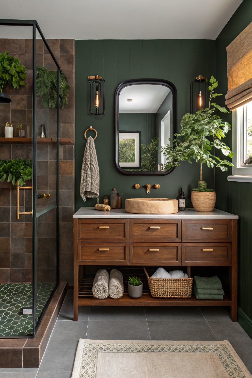 Dark green bathroom with wooden vanity, stone sink, mirror, and plants.