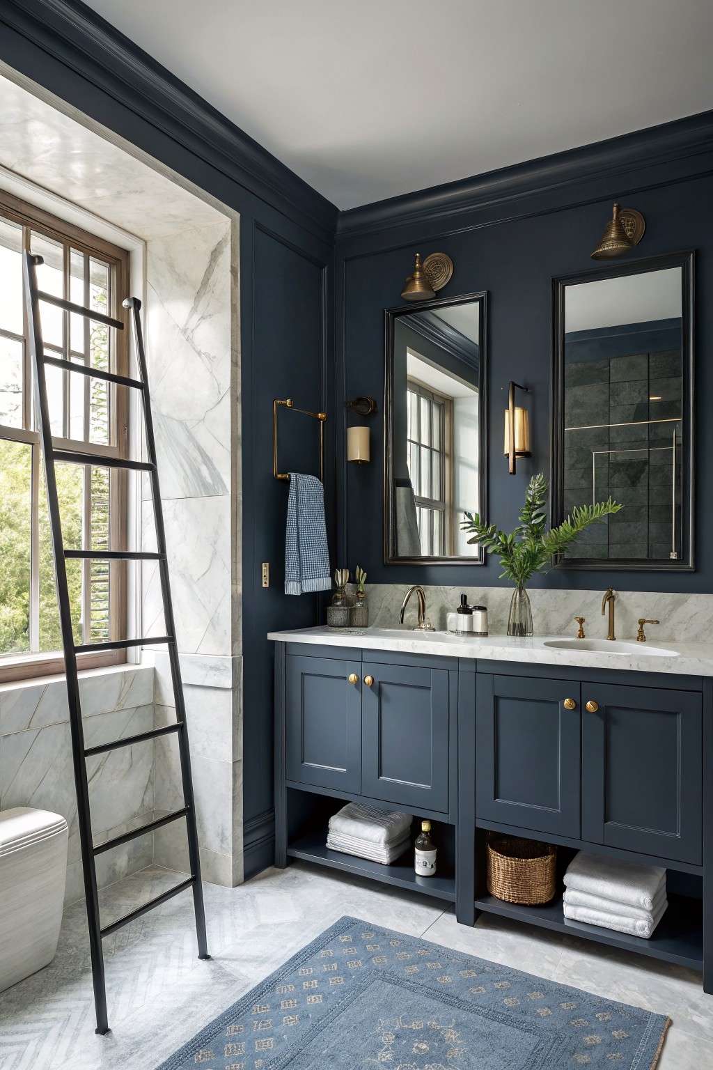 A bathroom featuring deep navy walls paired with marble surfaces and dark cabinetry.