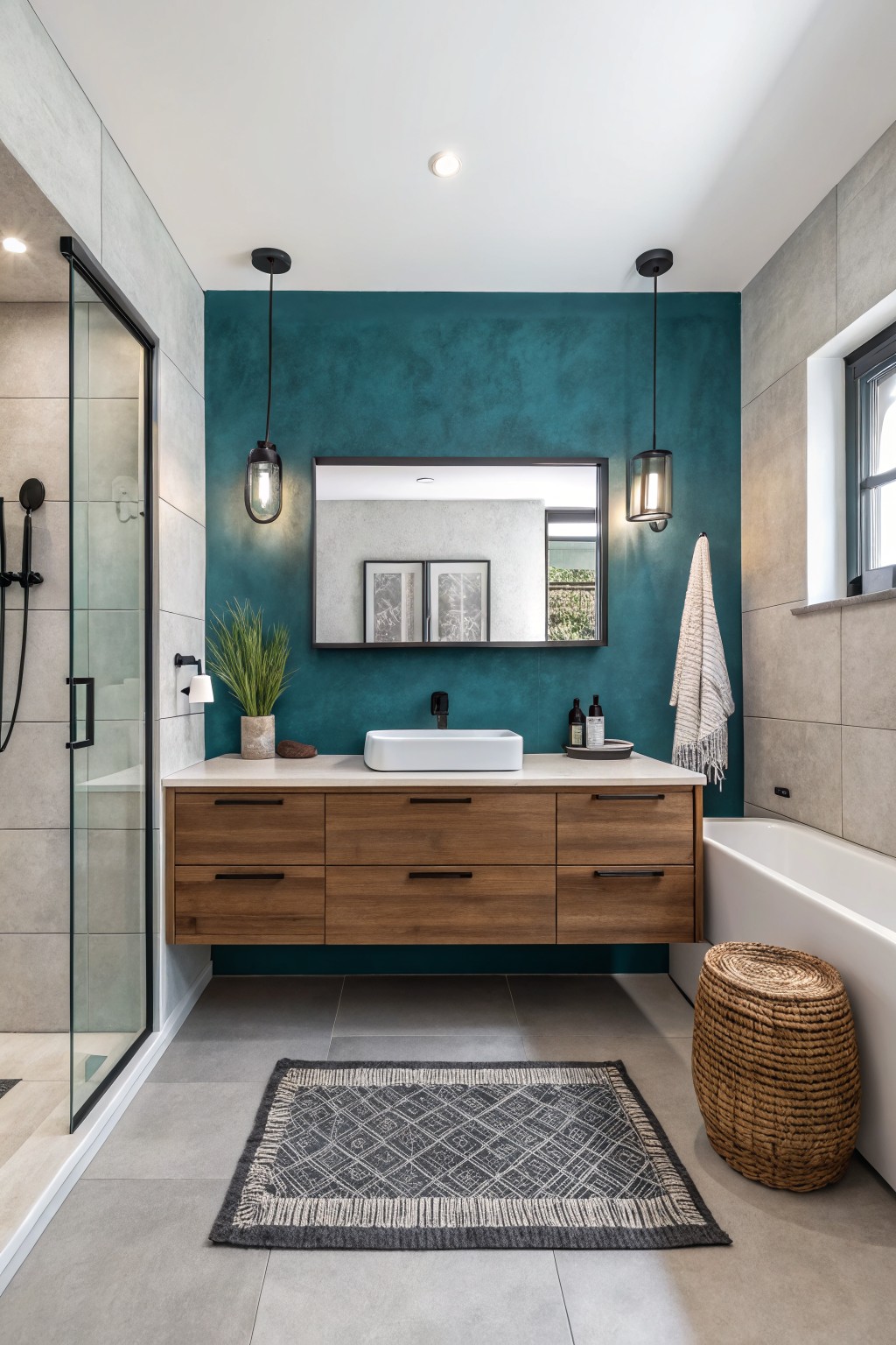 A bathroom with deep teal walls behind a floating wood vanity.