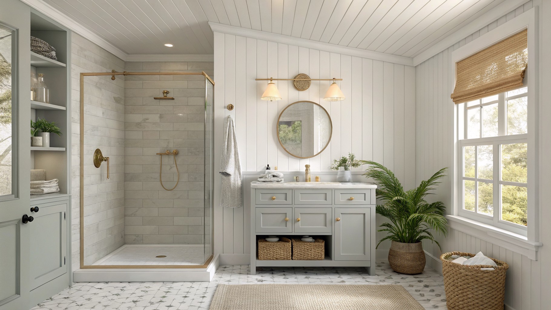 A bathroom featuring white shiplap walls and a light gray painted vanity.