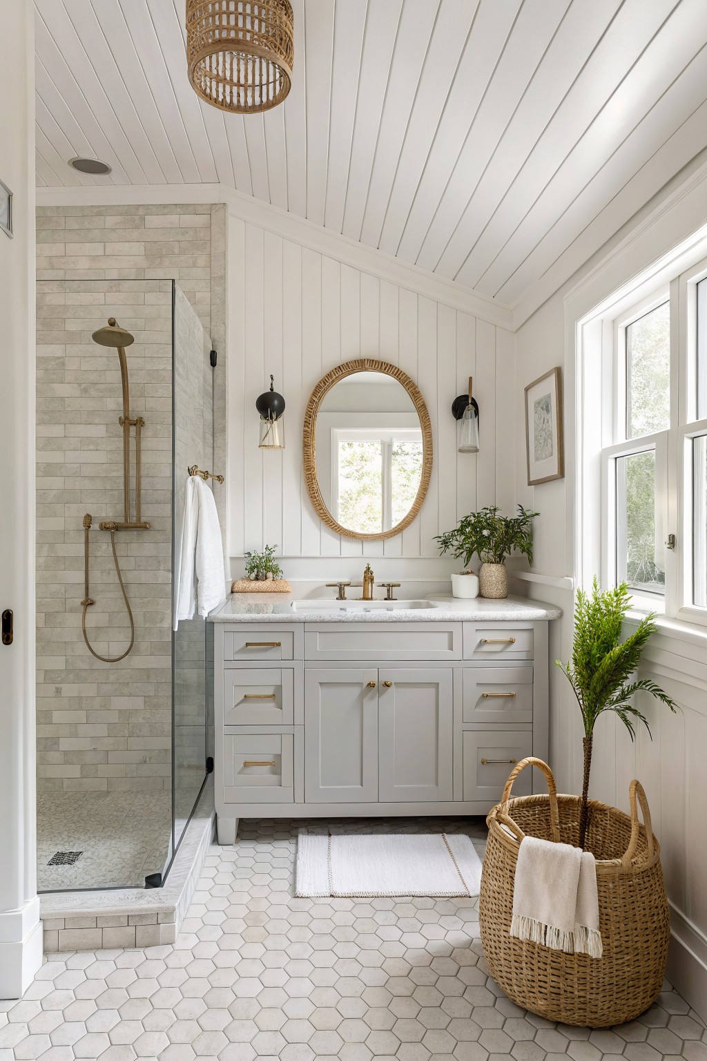 A bathroom featuring white shiplap walls and a light gray painted vanity.