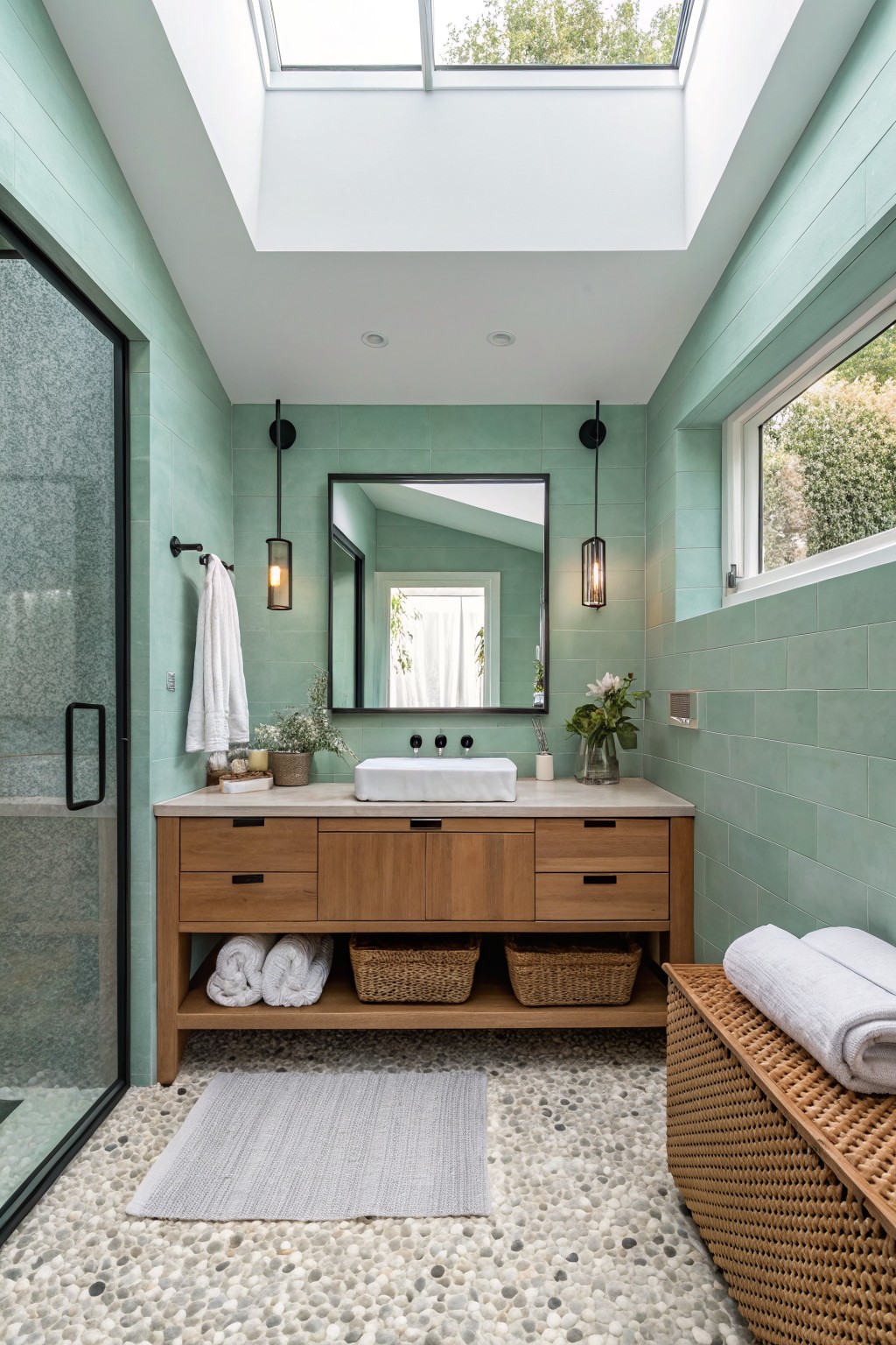 A bathroom featuring soft sage green tiled walls with a wood vanity and pebble floor.