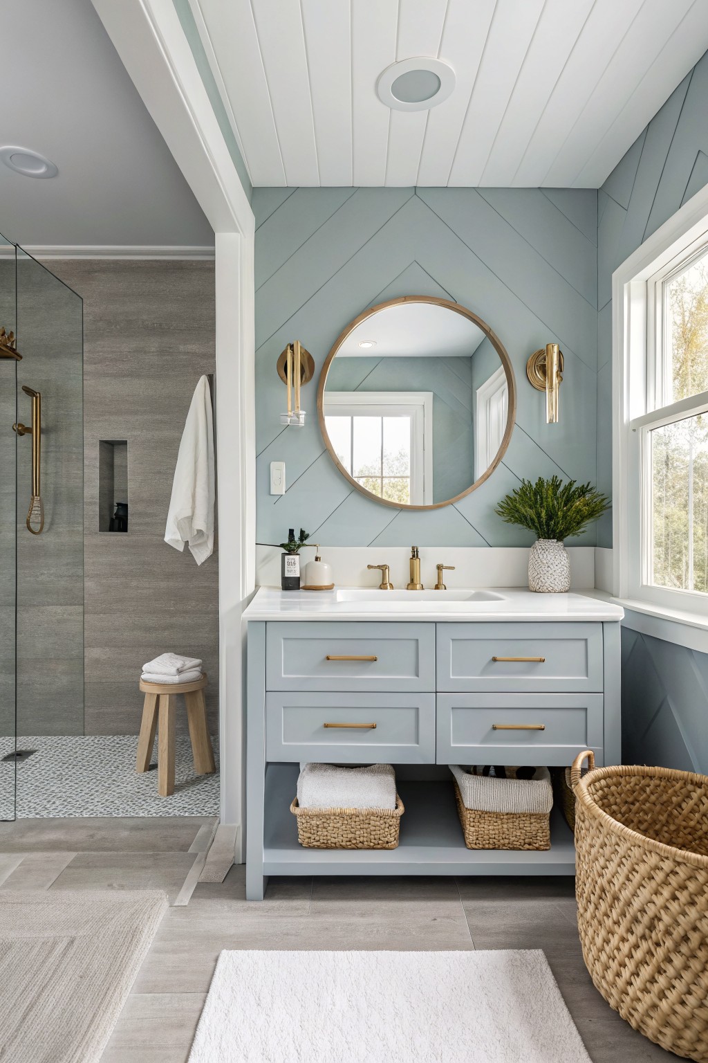 Modern bathroom with light blue herringbone wall, round gold mirror, and white vanity