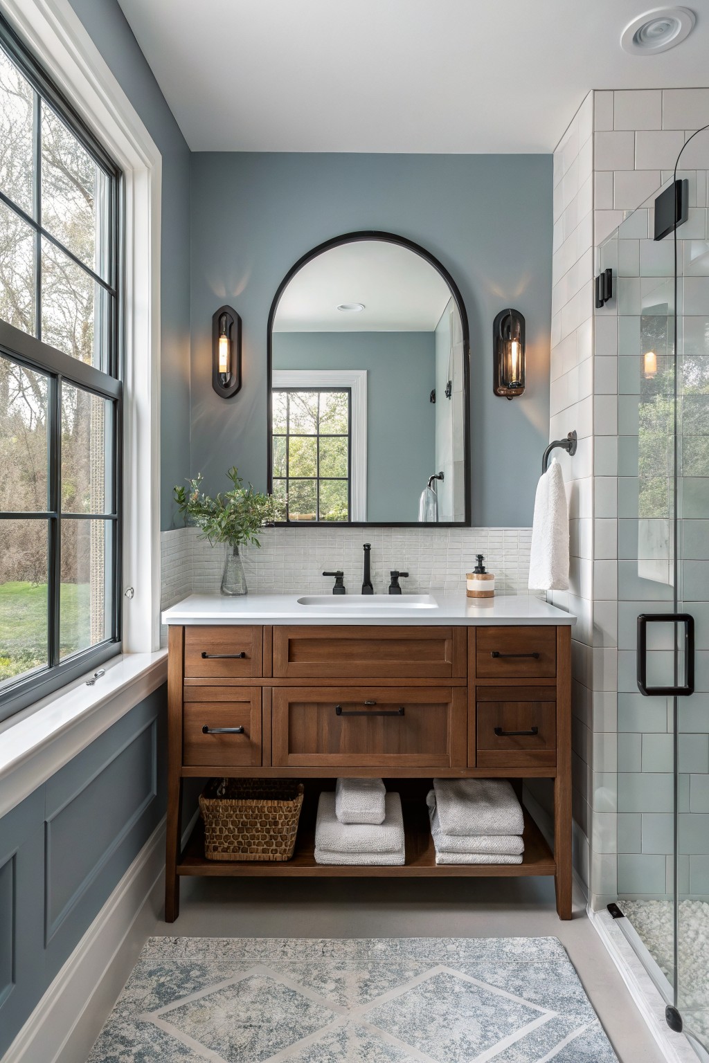 Modern bathroom with wooden vanity, arched mirror, blue walls, and glass shower.
