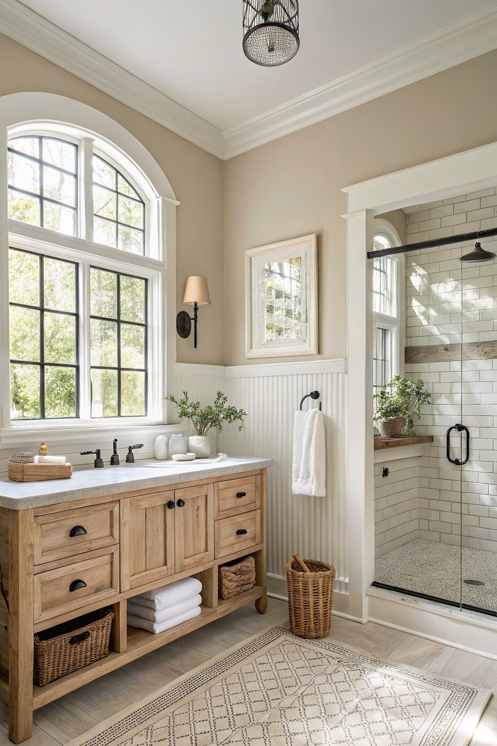 A bathroom with soft greige walls above white wainscoting and a light wood vanity.
