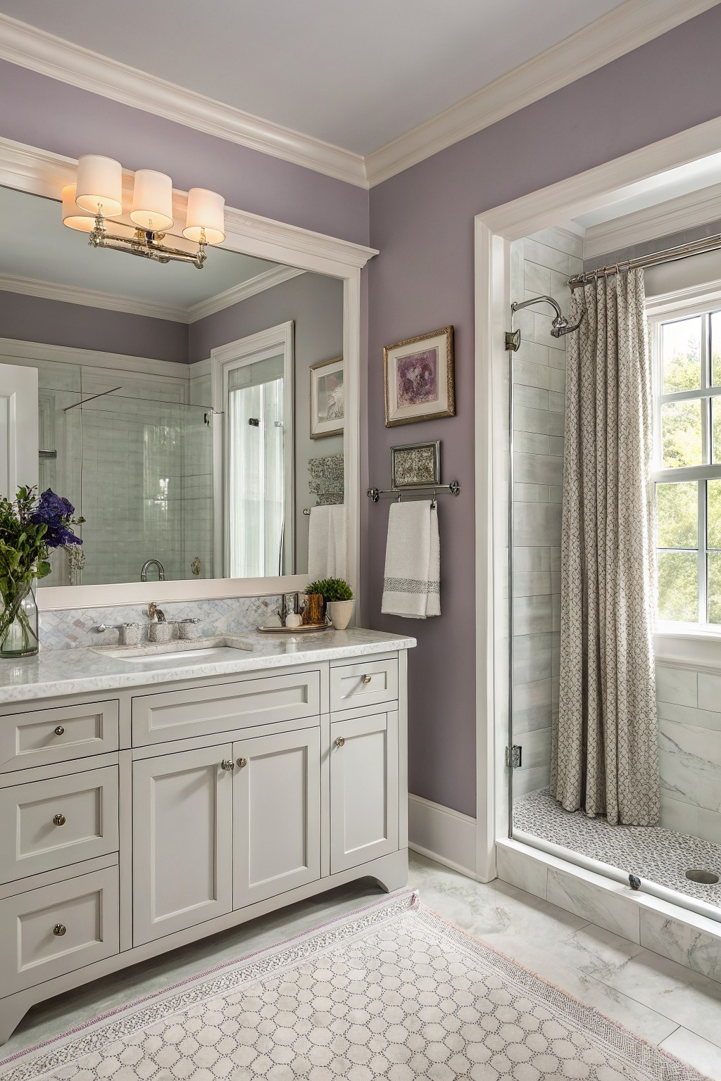 Bathroom walls painted in a soft lavender with white trim and marble vanity.